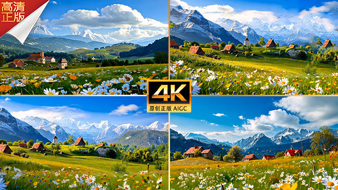 蓝天白云雪山下宁静自然山村落美景延时摄影