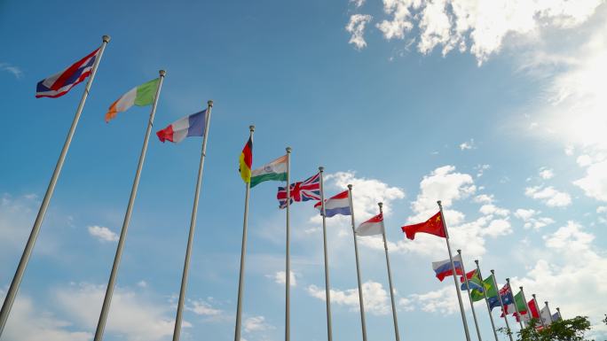 4K各国国旗迎风飘扬