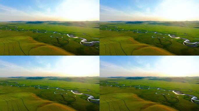 航拍呼伦贝尔草原蜿蜒河流