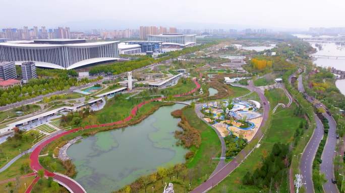 航拍西安浐灞生态区中亚公园秋季城市风光