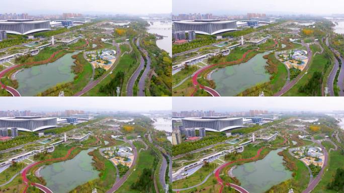 航拍西安浐灞生态区中亚公园秋季城市风光