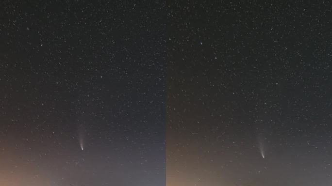 彗星Neowise C 2020 F3在夏季农业田野上方的星空中。收获后，夜空中的星星在乡村风景和干