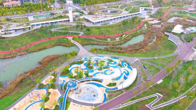 航拍西安浐灞生态区中亚公园秋季城市风光