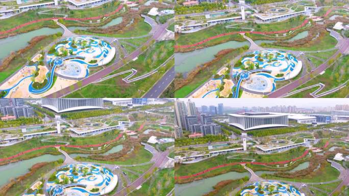 航拍西安浐灞生态区中亚公园秋季城市风光