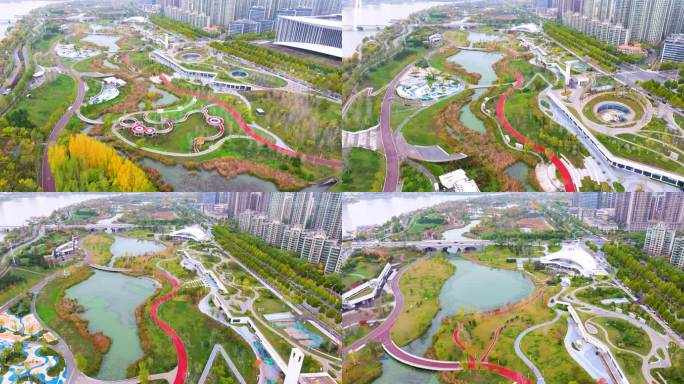 航拍西安浐灞生态区中亚公园秋季城市风光