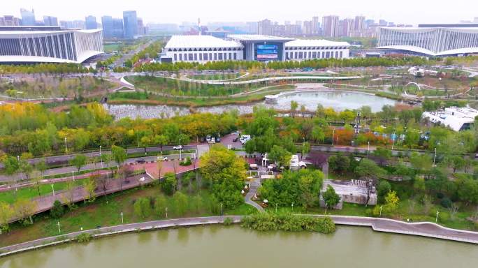 航拍西安浐灞生态区中亚公园秋季城市风光