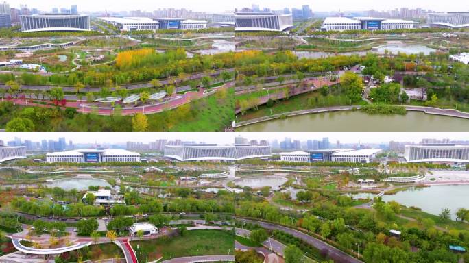 航拍西安浐灞生态区中亚公园秋季城市风光
