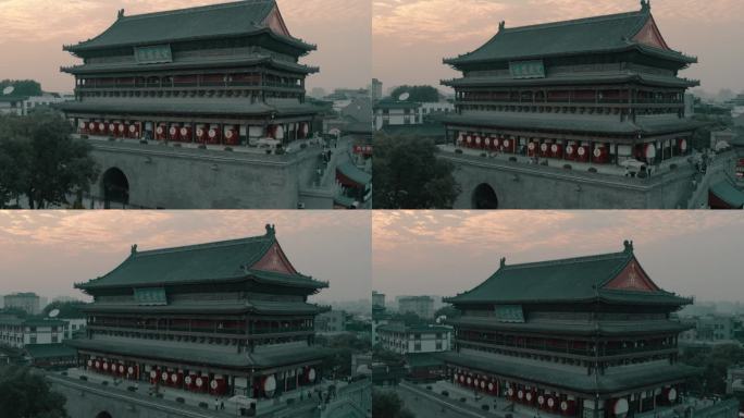 航拍日落时分西安鼓楼风光