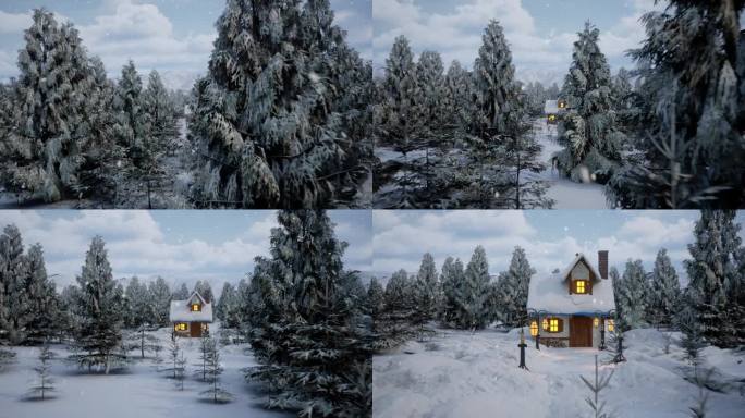 一座被雪覆盖的小屋静静地坐落在宁静的冬季森林中。