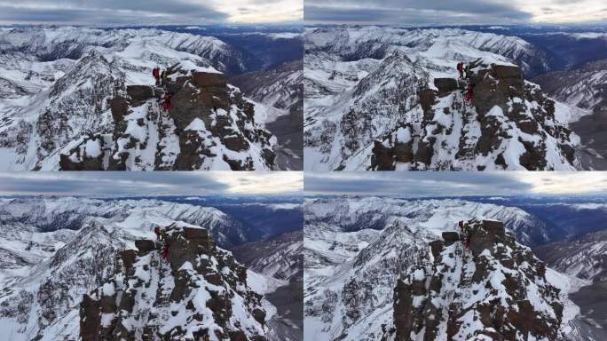 航拍攀登雪宝顶雪山的登山者通过骆驼背