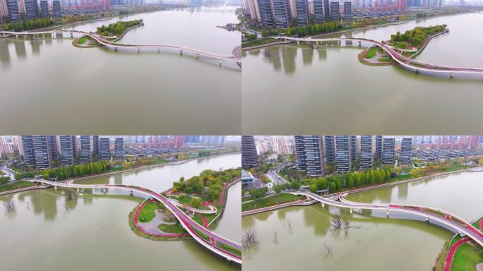 航拍西安浐灞生态区中亚公园秋季城市风光