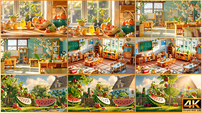 温馨室内卡通三维场景 水果果汁厨房客厅