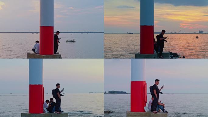 海洋灯塔 航拍飞手 晚霞海景风光