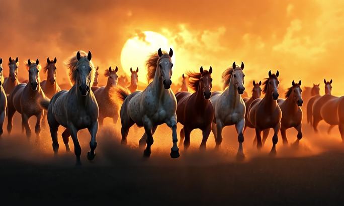 骏马马群夕阳草原奔跑尘土飞跃大气素材