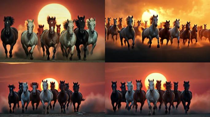 骏马马群夕阳草原奔跑尘土飞跃大气素材