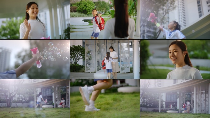 妈妈送孩子上学孩子玩耍上学美好生活成长