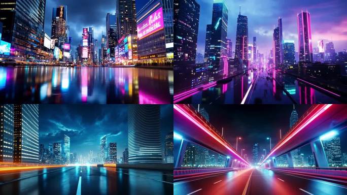 赛博朋克未来都市夜景街道穿梭霓虹灯大屏2