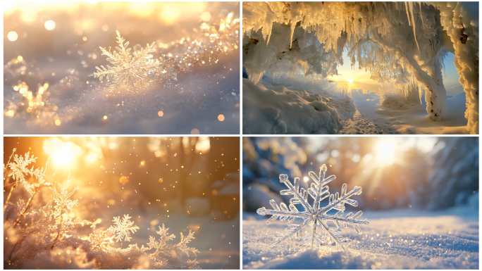 4K雪花冰晶结晶冬天下雪冬季唯美浪漫雪景