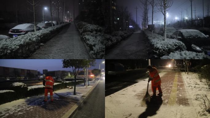 夜间环卫工人扫雪除雪清洁工铲雪