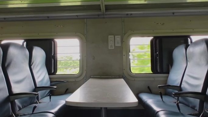 特写镜头：当地印度火车窗边的空座位。