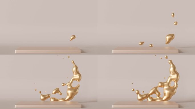 奢华的讲台，流动的金色飞溅。理想的场景，用于优雅而精致地突出高端商品。空旷的场景。舞台，展示，展览。