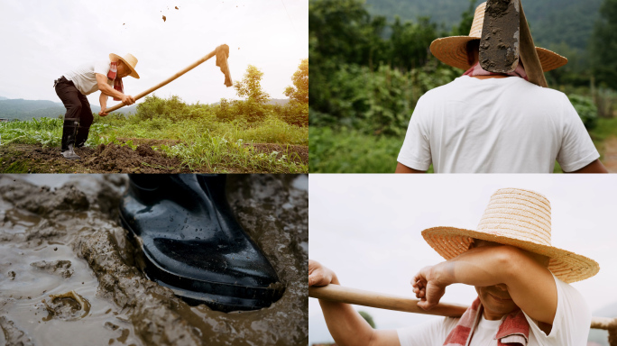 农民下田耕地种地擦汗流汗