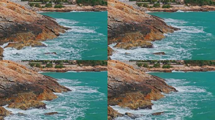 波涛汹涌的海浪拍打海岸礁石