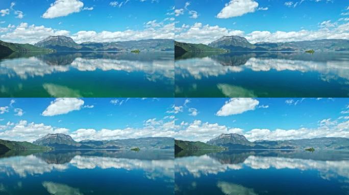 云南丽江泸沽湖蓝天碧水风光航拍4K