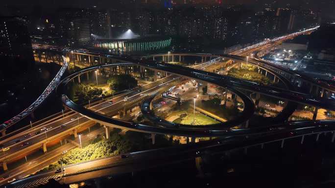 4K 航拍上海高架立交夜景 静安体育中心