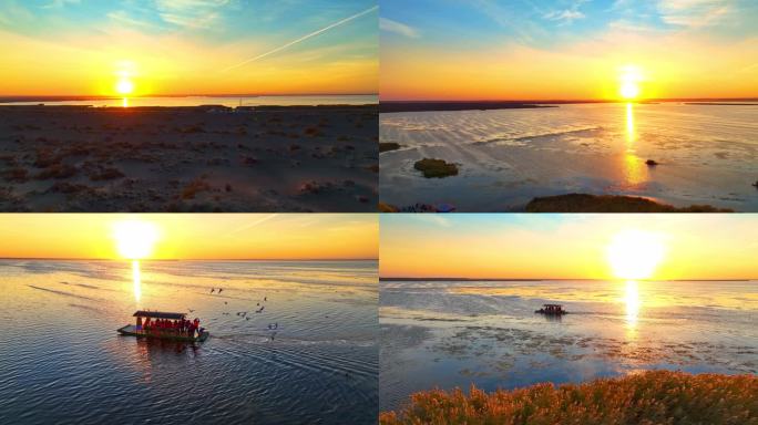 航拍居延海日出游船海鸥片头宣传片