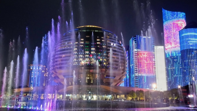杭州市钱江新城音乐喷泉夜景4k素材