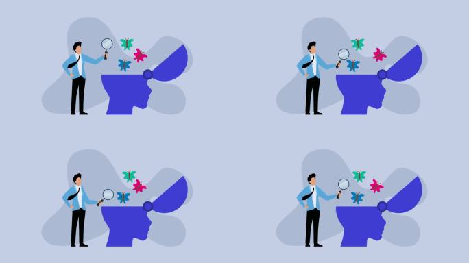 一个人正在检查代表思想的蝴蝶，动画以卡通形式展示在头部内部。