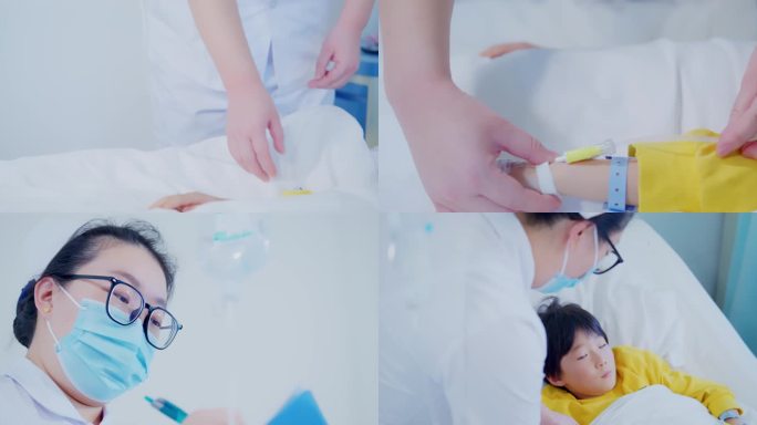 小孩住院打吊瓶 护士照顾患者6K素材