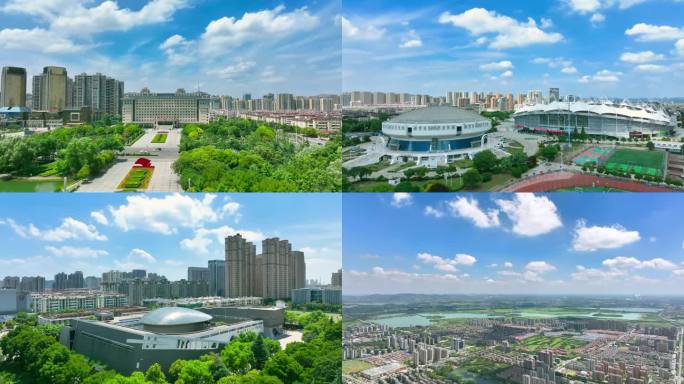 淮北市地标航拍蓝天白云中湖、相山公园等