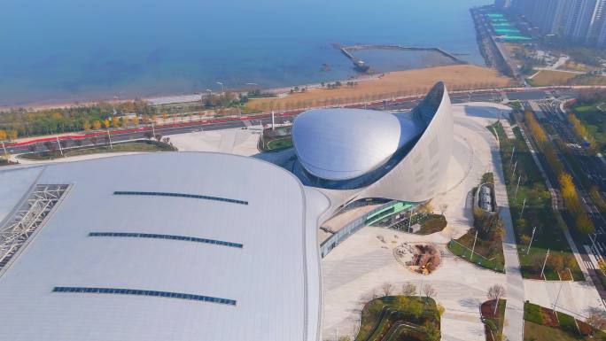 航拍烟台八角湾国际会展中心城市建筑风光