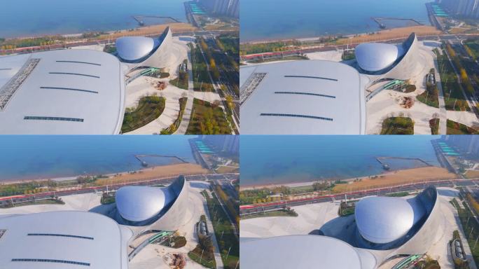 航拍烟台八角湾国际会展中心城市建筑风光