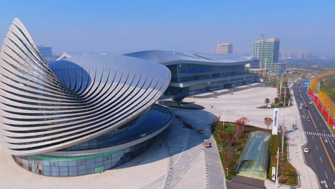 航拍烟台八角湾国际会展中心城市建筑风光