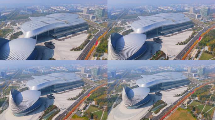 航拍烟台八角湾国际会展中心城市建筑风光