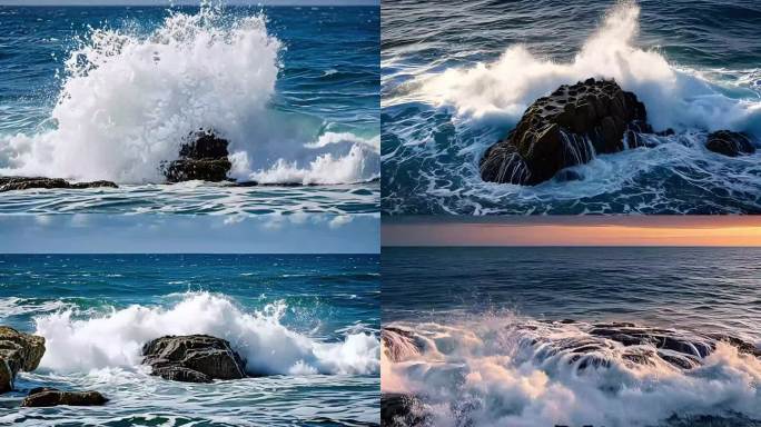 海浪浪花礁石海边近景海浪素材日落海边
