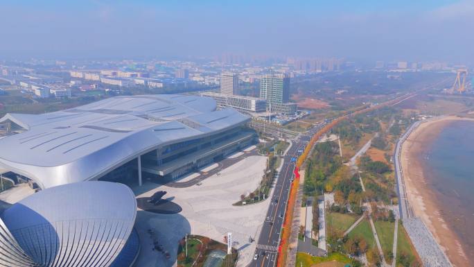 航拍烟台八角湾国际会展中心城市建筑风光