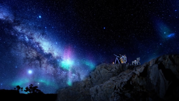 爸爸和孩子看星空亲子露营望远镜看星空极光