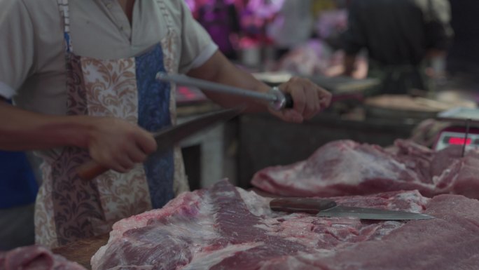 卖猪肉 磨刀特写