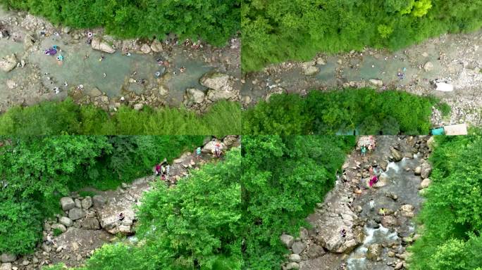 夏天山谷溪流戏水航拍视频合集