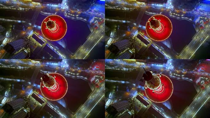 中国辽宁沈阳彩塔灯光秀航拍