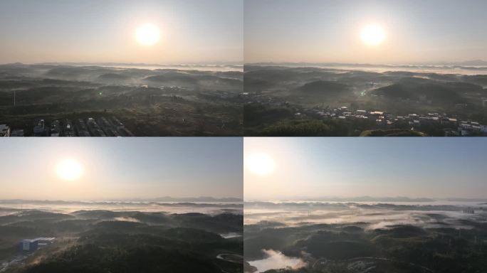 朝阳、云海、乡村、山岚