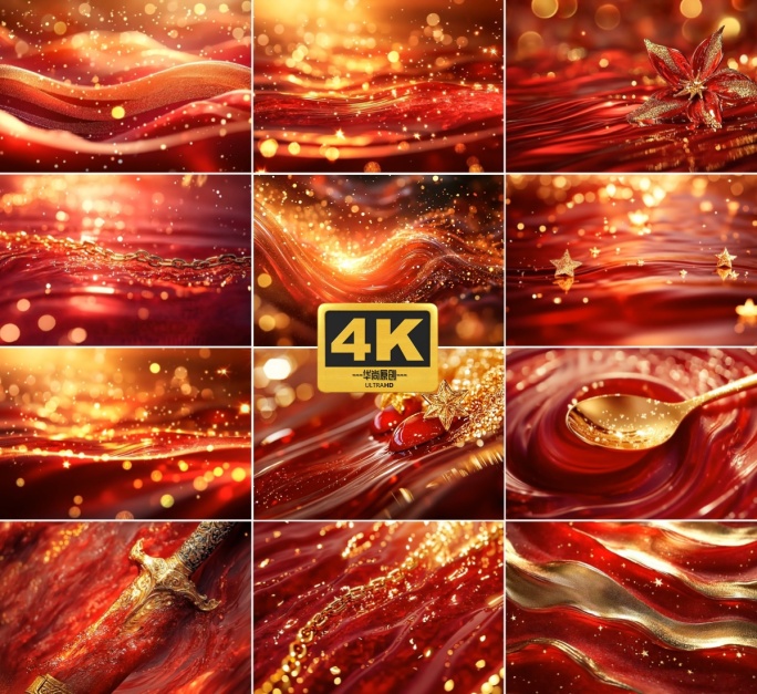 4k喜庆红金风格粒子舞台背景