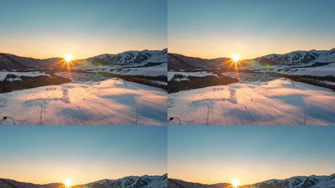 新疆喀纳斯景区禾木景区日出雪山村落