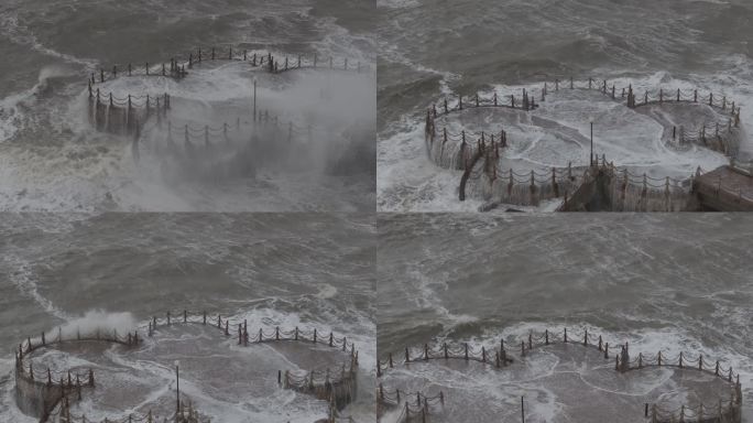 航拍威海高区金海湾栈桥冬季下雪大风海浪