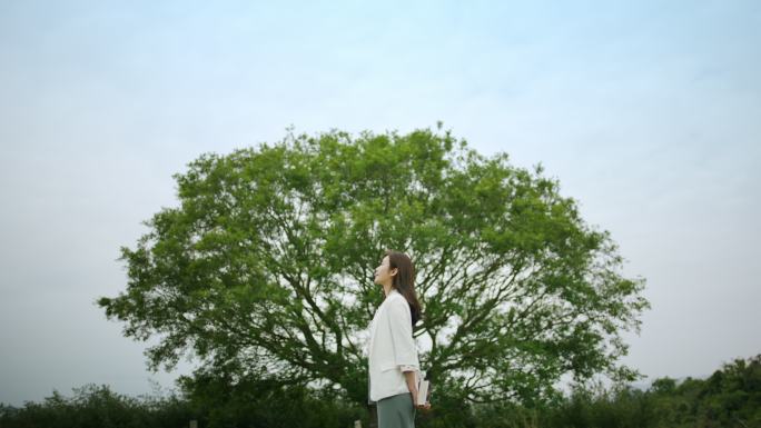 女人大树下感悟大自然享受清风小资小清新