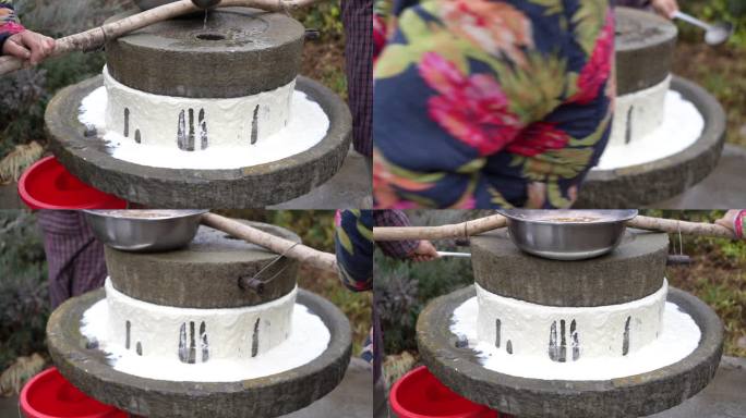 东北农村石磨懒豆腐制作磨豆子
